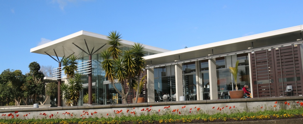The image shows the visitor centre terrace on a sunny day with chairs and tables under the eaves set up for customers of cafe Miko. The blooms of red poppies adorn the foreground below the terrace.